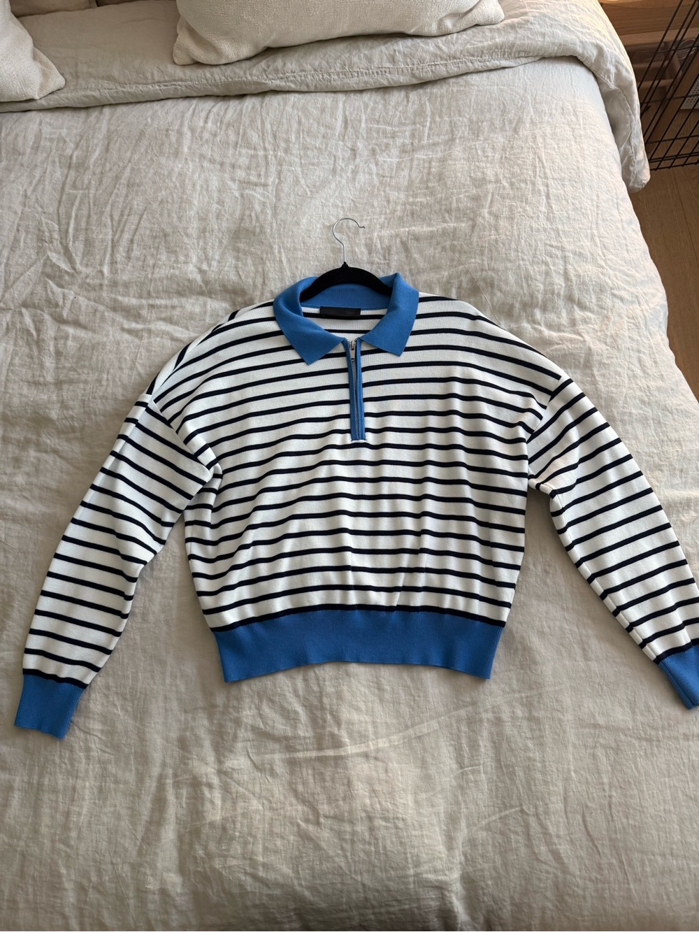 Zara White and Blue Striped Zip-Up Polo Sweater